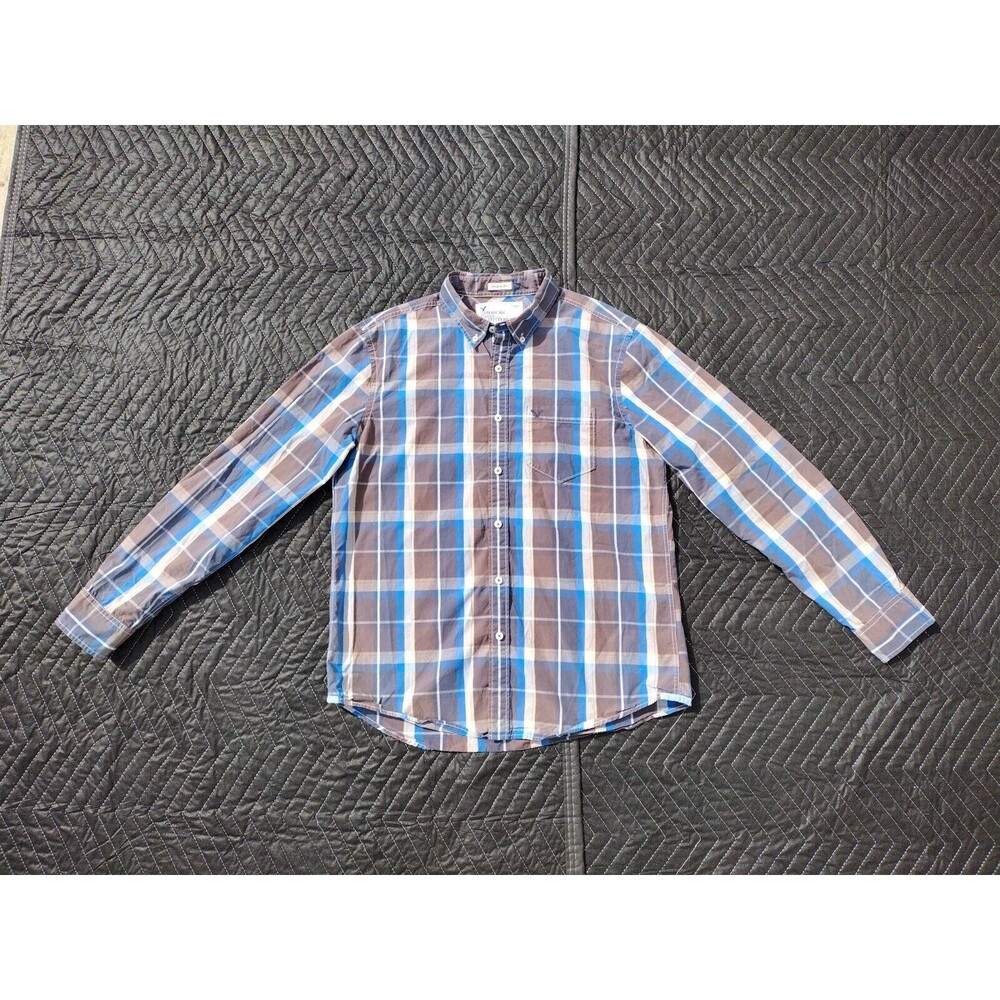American Eagle Shirt Adult Large Blue Plaid Athletic Fit Pocket Lawn Cotton Mens
